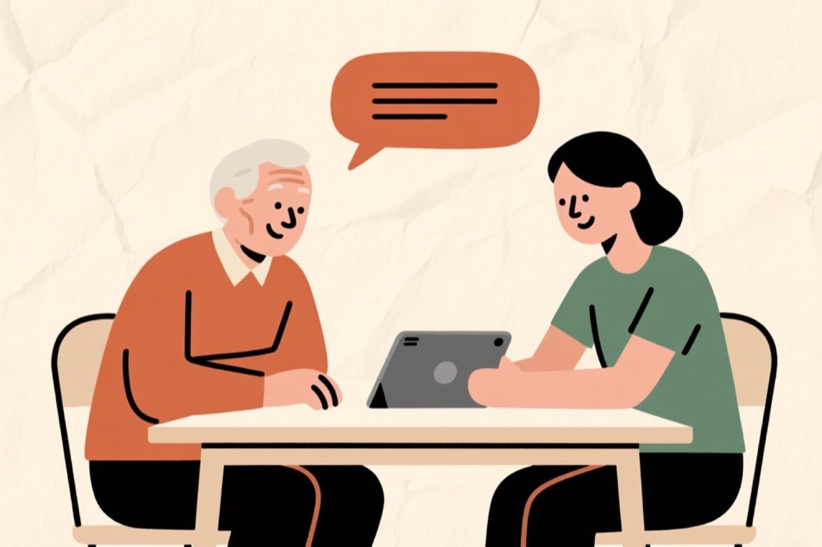 Flat illustration: an older adult and a helper sit at a table as equals, looking at a tablet together, with a speech bubble of caption lines above it.